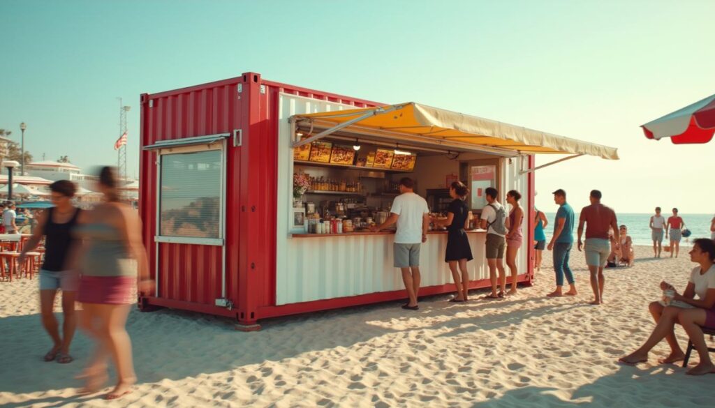 How Shipping Containers Can Revolutionize Your Commercial Kitchen Concept – 1950s Diner Food stall setup outdoors on a busy beach.
