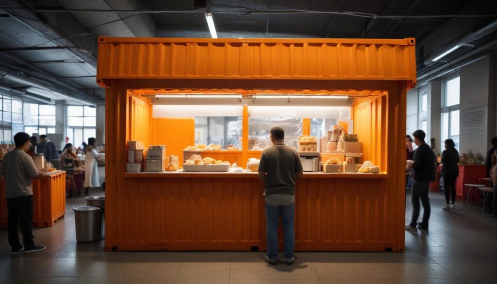 How Shipping Containers Can Revolutionize Your Commercial Kitchen Concept – Orange Shipping Container Kitchen in an indoor food market.