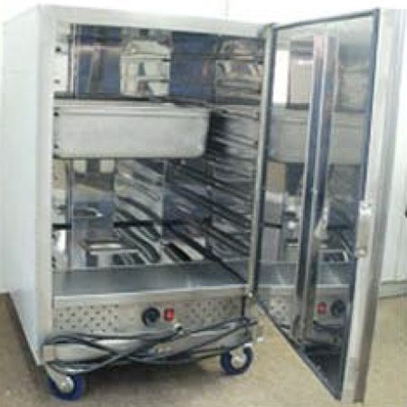 Stainless mobile food warming cabinet on casters with door open showing trays