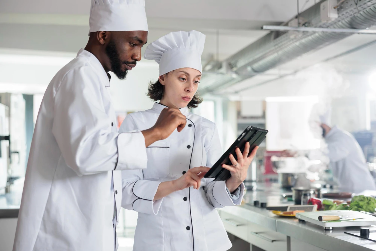 Food Safety Regulations for Restaurants: Chefs in a commercial kitchen with wireless touchscreen device completing a checklist.