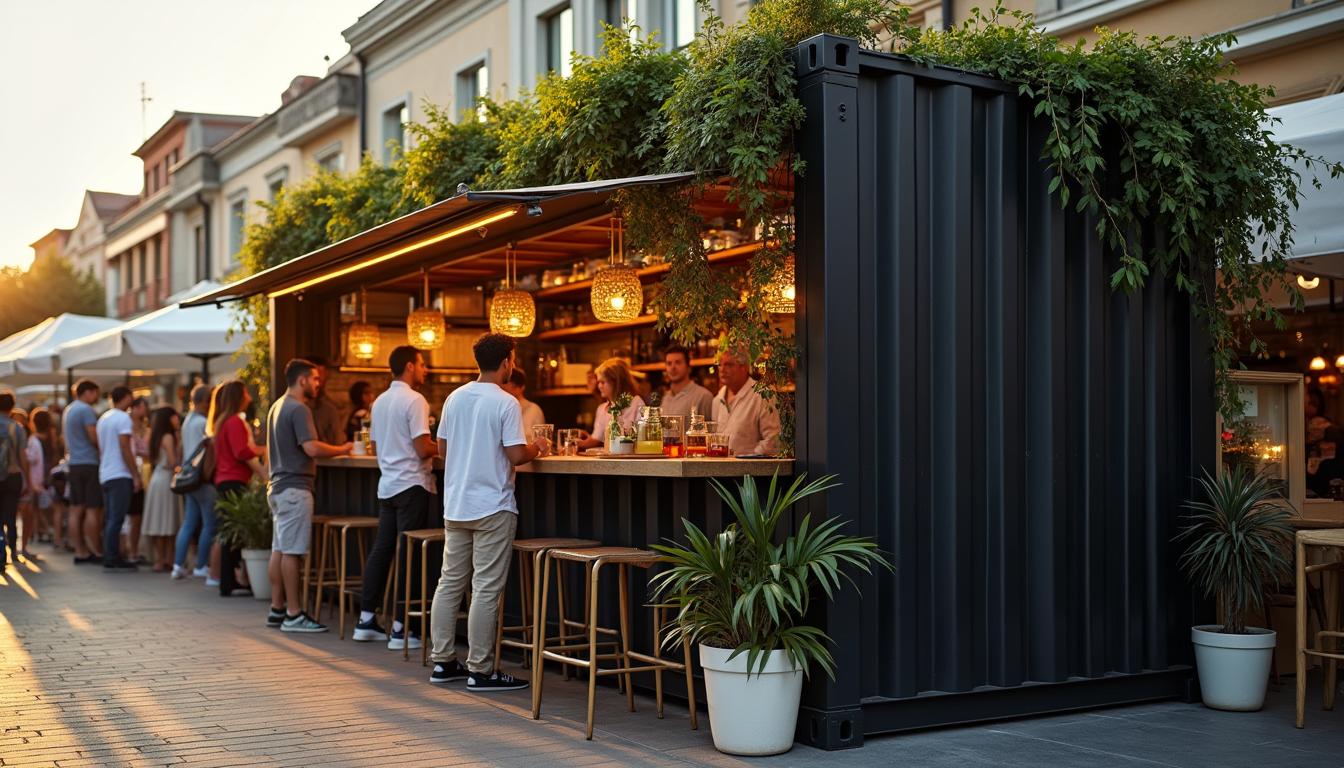 How Shipping Containers Can Revolutionize Your Commercial Kitchen Concept – Classy Food stall setup in a busy food market.